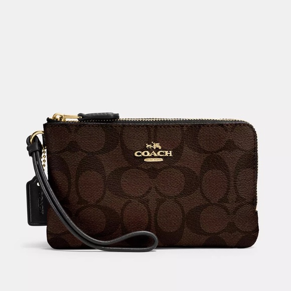 NWT COACH Small Double Zip Corner Wallet Wristlet in Black/Brown - Picture 2 of 3